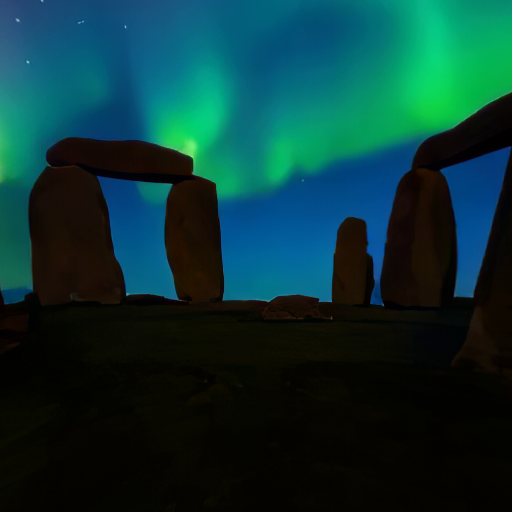 Stonehenge in Wiltshire, England, under the green Northern Lights